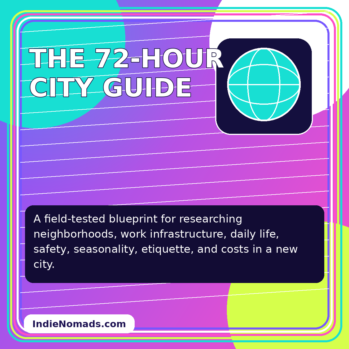 Neon editorial card for The 72-Hour City Guide
