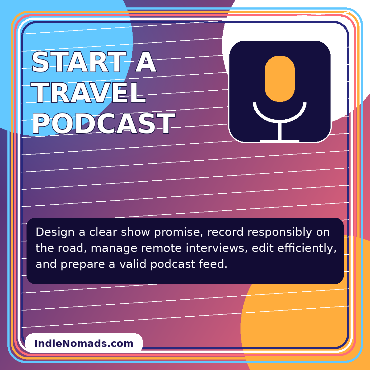 Neon editorial card for Start a Travel Podcast